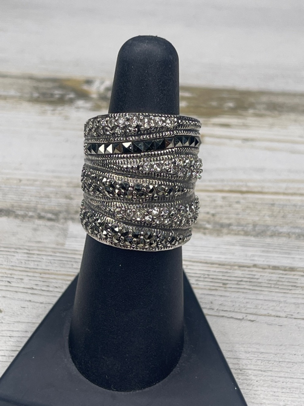 Sterling Silver Marcasite Crystal Multi Band Statement Ring - Picture 1 of 9